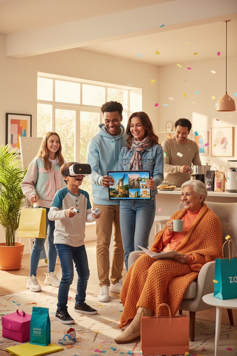 Familia feliz usando productos - formato móvil