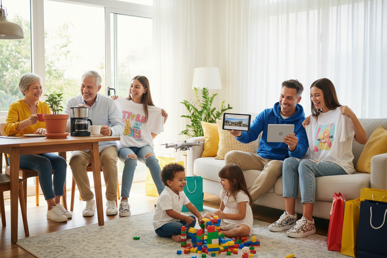 Familia feliz usando productos